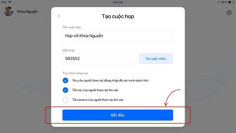 Bấm Nút Bắt đầu để Hoàn Thành Tạo Cuộc Họp