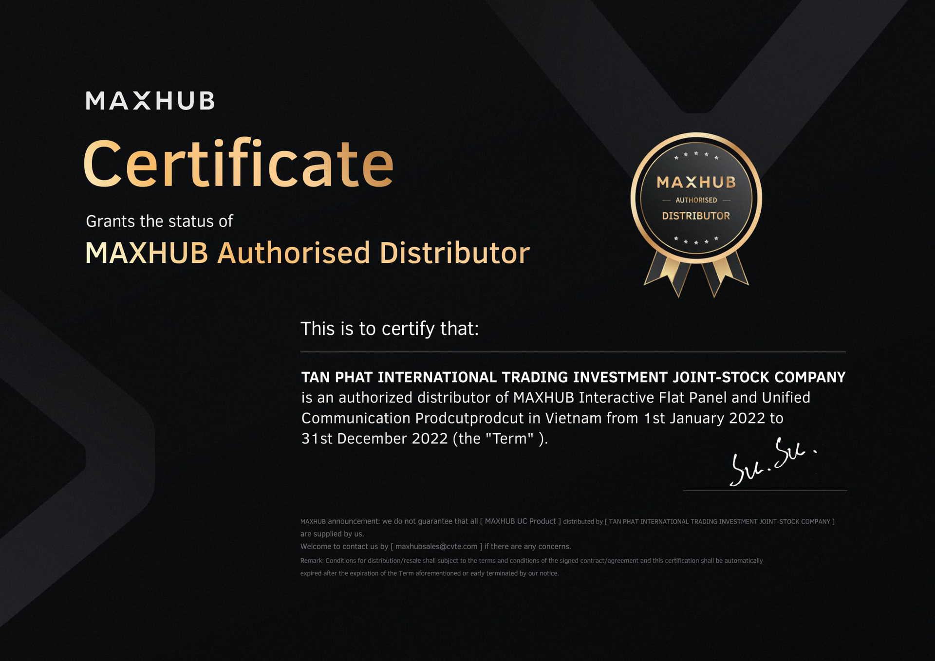 Chứng Nhận Nhà Phân Phối Chính Thức Thương Hiệu Maxhub