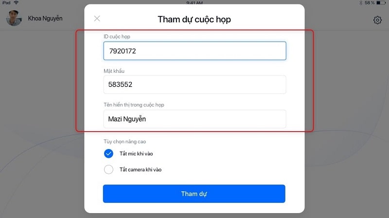 Mở Zavi, Bấm Tham Dự Họp